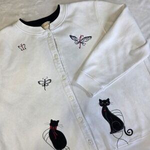 Vintage CC Hughes Kitty Cat Cardigan Fleece White 3X Grandma Core Embroidery